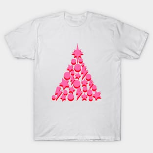 Pink and Red Christmas Tree, Lightning, Star and Baubles T-Shirt